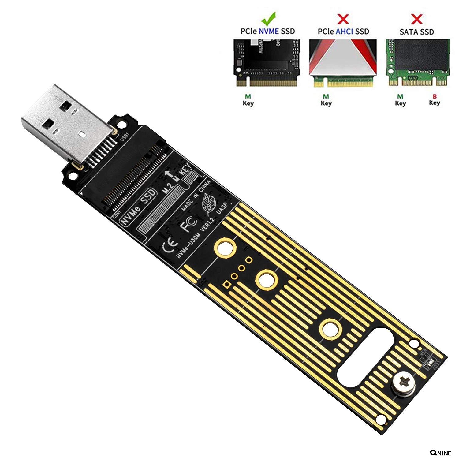 QNINE NVME to USB Adapter, M.2 SSD to Type-A Card (No Cable Need), High Performance 10 Gbps USB 3.1 Gen 2 Bridge Chip, Use as Portable SSD, USB to M2 SSD Key M, Support Windows XP / 7/8 / 10, MAC OS