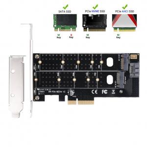 QNINE Dual M.2 PCIe Adapter, M.2 NVME SSD (M Key) or M.2 SATA SSD (B Key) 22110 2280 2260 2242 2230 to PCI-e 3.0 x4 Host Controller Expansion Card with Low Profile Bracket for PC Desktop