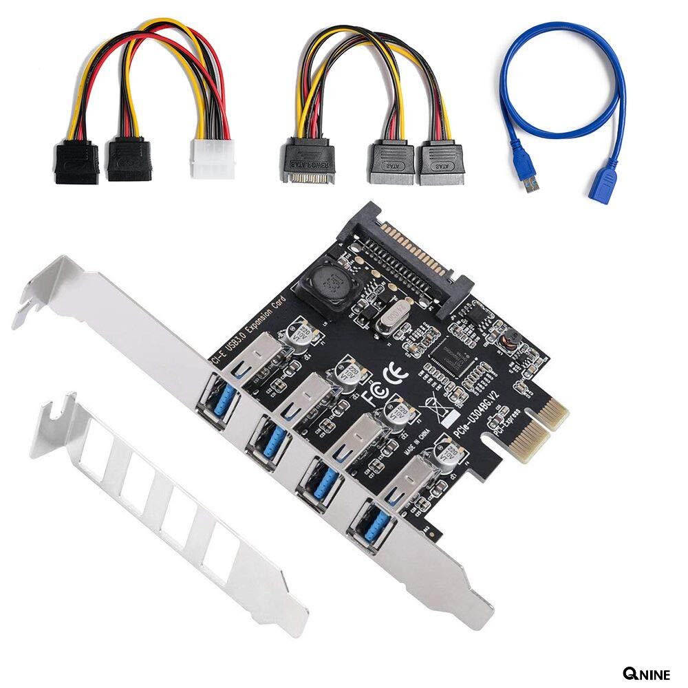 QNINE PCI-E zu USB 3.0 4 Port Erweiterungskarte PCI Express PCI-E USB3.0 Hub Erweiterungscontroller Adapter mit 15 poligem SATA Stromanschluss für Windows Desktop PC Superspeed Bis zu 5 Gbit 