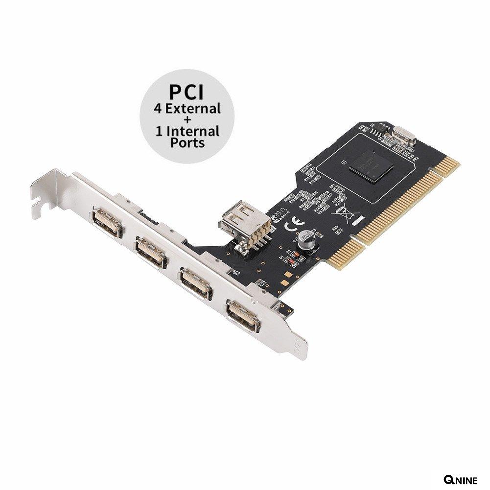 QNINE Internal USB 2.0 PCI Card, 5 Port (4 External & 1 Internal) PCI Expansion to USB 2 Adapter Hub Controller, High Speed 480Mbps for Desktop 