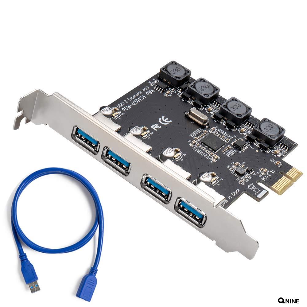 QNINE PCIe to USB 3.0 Adapter, 5Gbps Superspeed 4 Ports USB 3.0 Expansion Card for Windows Server/XP/7/8/10, Build in Self-Powered Technology, No Need Additional Power Supply